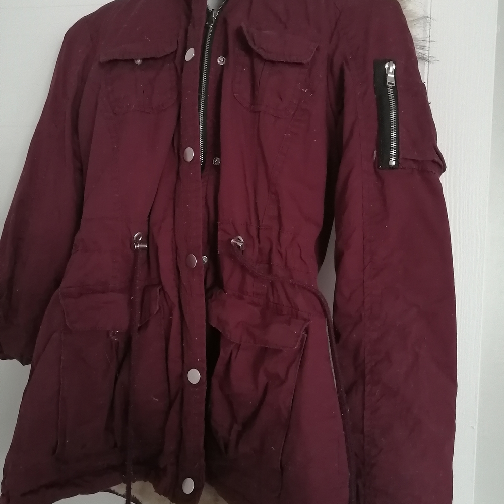 Burgundy Parka Jacket with Zipper Details